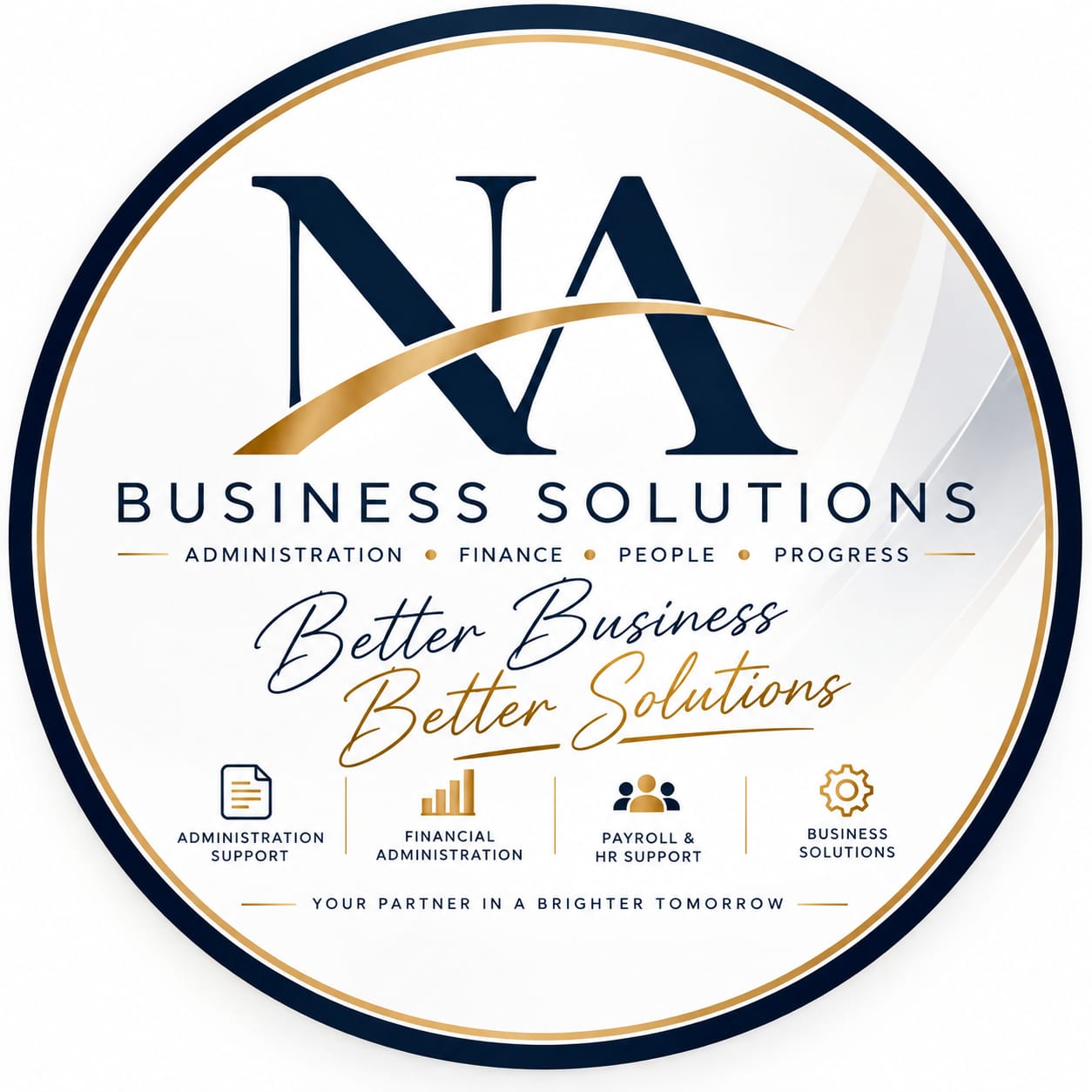 NA Business Solutions circular badge — Administration, Finance, People, Progress. Your partner in a brighter tomorrow.